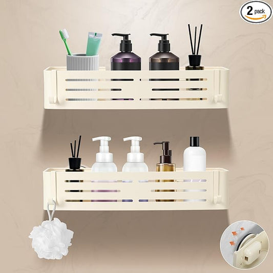 Lekesky Suction Cup Shower Caddy, No Drill Shower Shelf, Aluminum Rust Proof Bathroom Shower Organizer with 12 Hooks, （2-Pack, Cream）