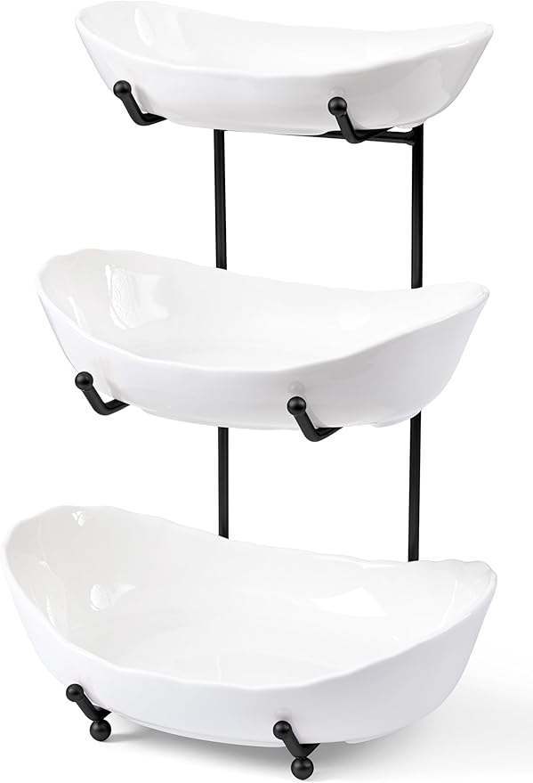HBlife Fruit Bowl for Kitchen Counter - 3 Tier Ceramic Fruit Rack, Fruit Basket for Fresh Fruit&Veggies, Tiered Fruit Platter Serving Trays for Party