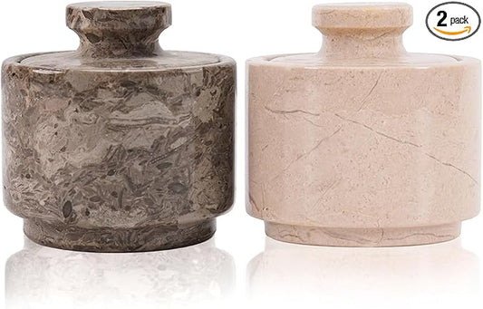 MARBLOUS KRAFTS Marble Salt Cellar 3" Inch Oceanic and Verona Celtic Salt and Spice Holders, DiningTable Decor for Kitchen & Home, Sea Salt Holder with Lid Storage Container, Gift for Mom