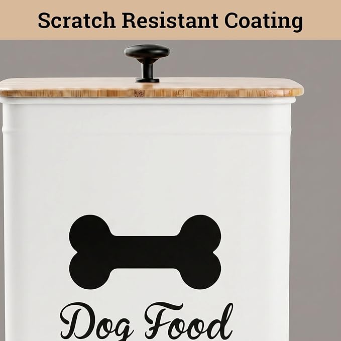 Dog Food Container Airtight 5-7 lb (25 Cup) Capacity - Cute Airtight Dog Food Storage Container with Bamboo Lid & Sturdy Metal Handle - White Metal Kibble Storage Bin for Dogs up to 50 lbs - Pet Jar