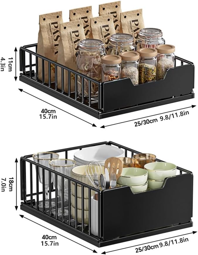 Pull Out Cabinets Drawers, Under Kitchen Sink Organizer No Drill Slide Out Drawers for Kitchen Cabinets Bathroom Cabinet Organizer Pantry Pull Out Storage Shelves Black heightened 30cm