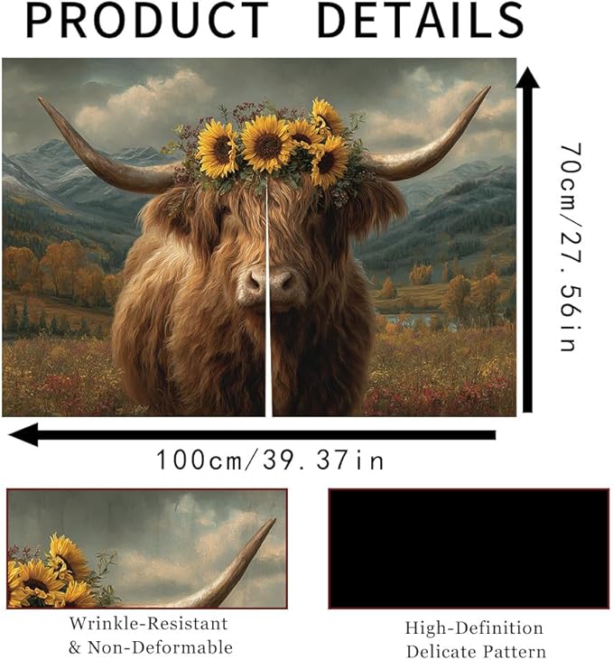 Self Adhesive Highland Cow Sunflower Cabinet Curtain for Mother's Day, 39x28 Inch Rustic Farmhouse Under Sink Skirt No Drill, Spring Cleaning Kitchen Decor, Hook and Loop Valance