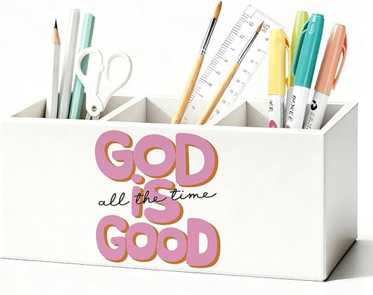Pink Christian Pen Holder, Christian Gifts for Women Pencil Holder for Desk, God Is Good Bible Verse Preppy Wooden Box Sign Decorations for Girly Room Bedroom Dorm Desk Tabletop