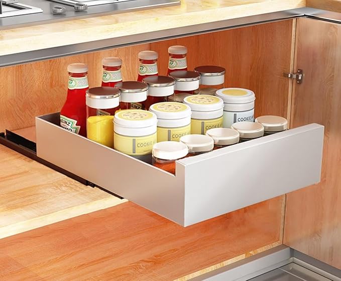 Pull Out Cabinet Telescopic Sliding Drawer Extendable Pullout Storage for Cupboard Drill Free Installation 25cm W x 43cm D x 9cm H Black Kitchen Solution，White 25cm