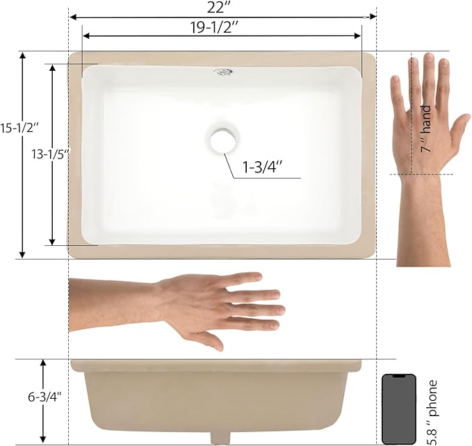 Mocoloo Bathroom Sink Undermount 22"x16" White Rectangle Porcelain Sink with Vertical Sides and Overflow Drain Under Counter Mount Ceramic Lavatory Vanity Sinks for Bathroom Hand Basin