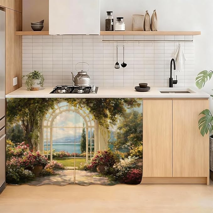Self Adhesive Secret Garden Cabinet Curtain for Mother's Day, 39x28 Inch Lake Scenery Under Sink Skirt No Drill, Spring Cleaning Kitchen Decor, Hook and Loop Laundry Valance
