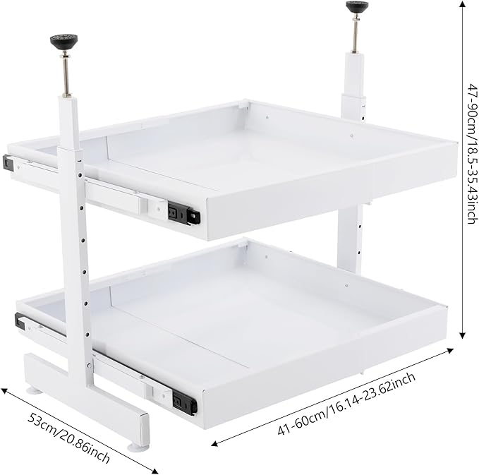 Cabinet Drawers Slide Out, 2 Tiers Expandable Pull out Cabinet Organizer No-Drilling, Slide out Drawers for Kitchen Cabinets Bathrooms, Laundry Rooms, Garages (White)