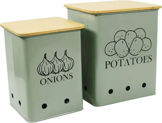 Kitchen Vegetable Storage Tins Set of 2, Onion and Potato Storage Bins with Wooden Lid and Aerating Holes, Garlic Bin Caddy, Vintage Kitchen Decor, Green