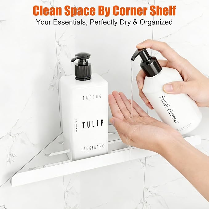 Fikoksol Shower Caddy, 2 Pack Bathroom Corner Shelf, Triangle Shelf Storage for Bathroom Shower, White Metal Shower Shelf & Rustproof Wall Mounted Adhesive Glue Organizer Accessories and Essentials