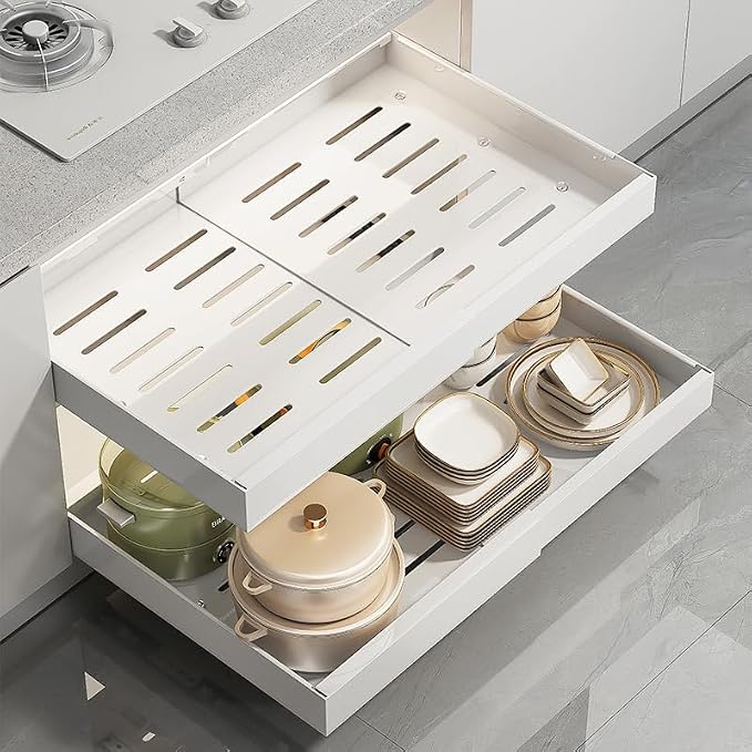Pull Out Cabinet Organizer 16.54 inch Deep,Expandable Pull out Drawers for Cabinets Adhesive with Film, No Drill Slide Out Drawers for Kitchen Cabinets (Large-Grey)