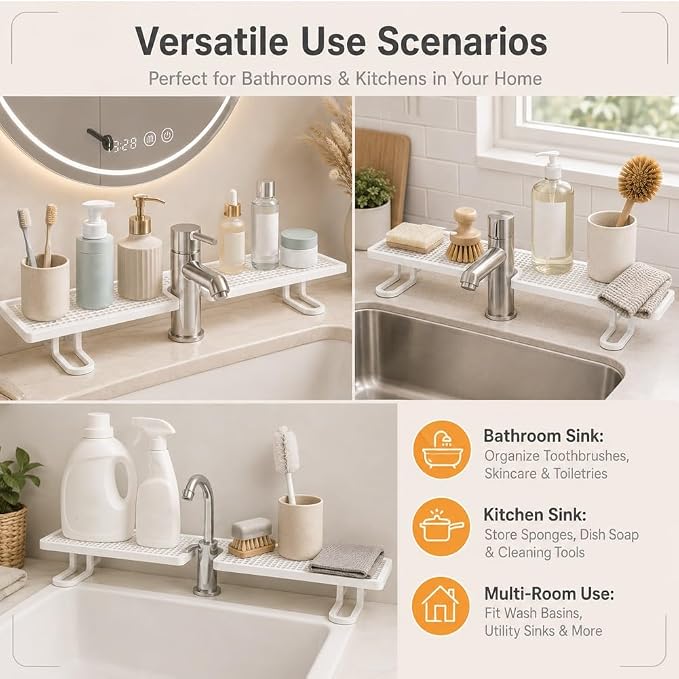 Behind the Faucet Organizer, No-Drill Over the Sink Shelf Bathroom, Multifunctional Steel Storage Rack, Space Saving Sink Organizer Shelf for Kitchen Bathroom Faucet Back Storage Arrangement