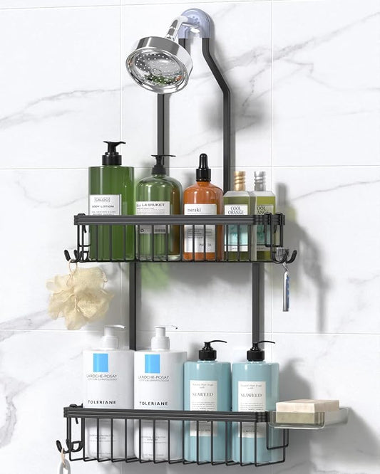 YASONIC Never Rust Shower Caddy Hanging, Aluminum Shower Racks for Inside Shower, 2-Tier Shower Organizer Hanging Over Shower Head with Hooks and Soap Holder, Black