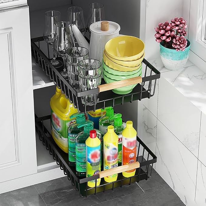 Pull Out Cabinet Organizer, Multifunctional Sliding Mesh Cabinet Basket, No Drill Pull Out Shelf Storage Drawer for Kitchen Bathroom Home Pantry Black [Standard] One Size