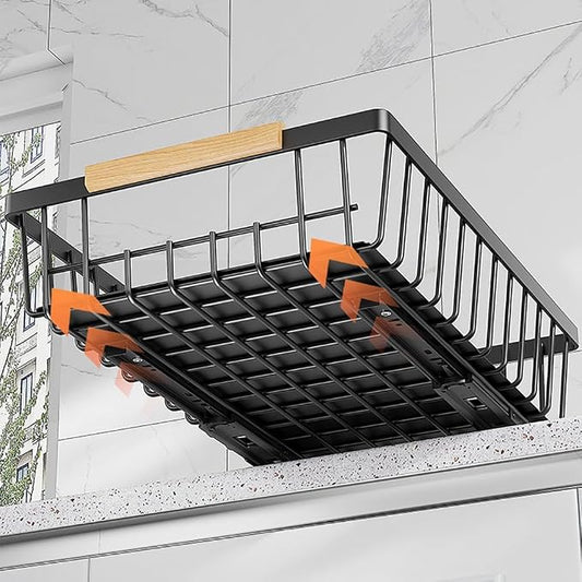 Takywep Pull Out Cabinet Organizer No Drill Adhesive Sliding Mesh Basket with Smooth Glide Under Sink Drawer for Kitchen Pantry Bathroom Storage