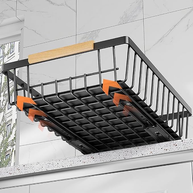 Takywep Pull Out Cabinet Organizer, No Drill Adhesive Pull Out Drawers, Pantry Organizers with 2 Iron Wires & Quiet Rails, Slide Out Cabinet Organizer for Bathroom, Kitchen, Pantry, Black