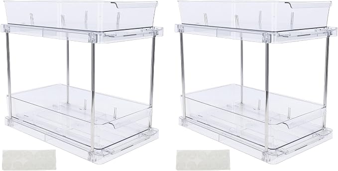 FILFEEL 2 Tier Vertical Pull Out Cabinet – Clear PET Slide Out Seasoning Rack for Kitchen Cabinets, Bathroom Vanity & Under Counter Storage – No Drill Installation, Full Extension Tracks