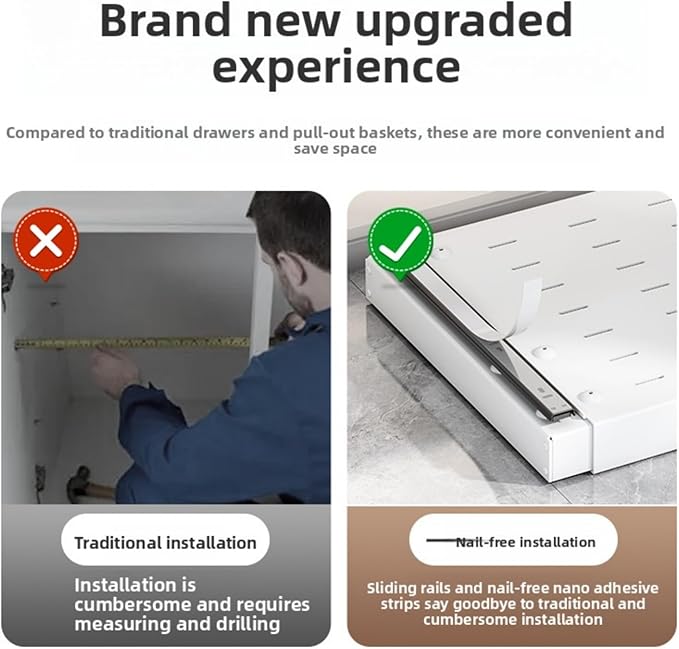 2PCS Expandable Pull Out Cabinet Organizer pots and pans organizer under cabinet Upgrade 3 Slide Rails Slide Out Drawers Roll Out Shelves Adhesive,Adjustable Width