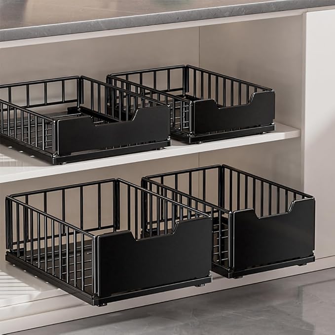 IDEALHOUSE Pull Out Cabinet Organizer, No Drill Slide Out Drawers Pull Out Home Organizers, Metal Pantry Pull Out Shelves for Kitchen Cabinets, Height 7 inches