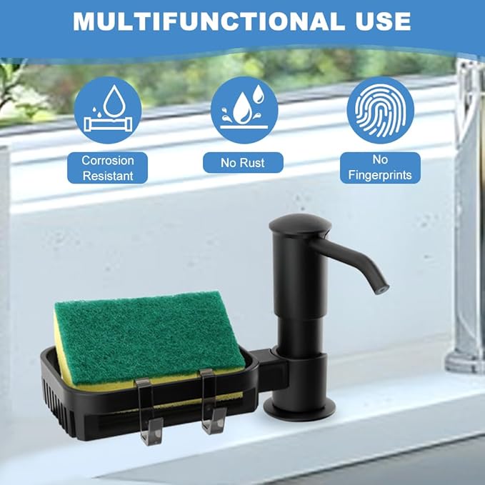 Soap Dispenser Pump for Kitchen Sink with Sponge Rack,Under Counter Sink Soap Dispenser Pump with 39" Extension Tube Kit,Fit for Kitchen Bathroom in Counter(Black)