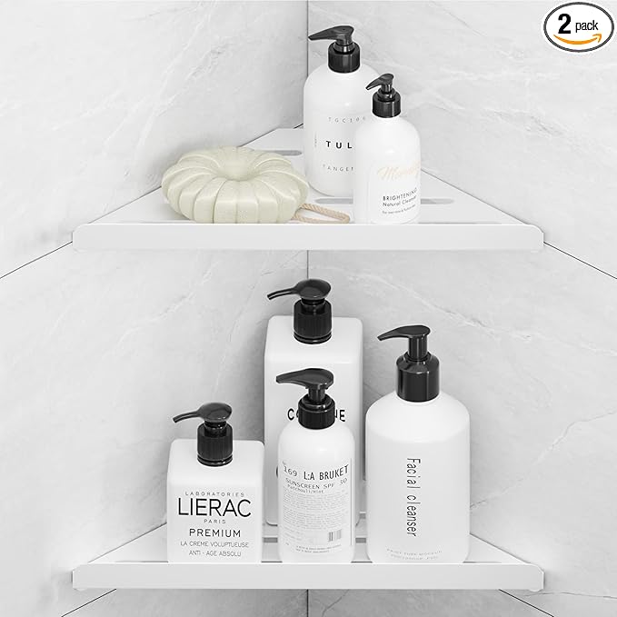 Fikoksol Shower Caddy, 2 Pack Bathroom Corner Shelf, Triangle Shelf Storage for Bathroom Shower, White Metal Shower Shelf & Rustproof Wall Mounted Adhesive Glue Organizer Accessories and Essentials