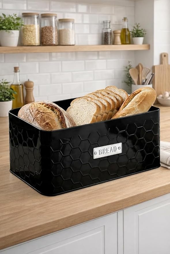 vensovo Bread Box for Countertop – Large Black Metal Bread Bin with Bamboo Cutting Board Lid, Farmhouse Bread Storage Container for Homemade Bread, Baked Goods & Kitchen Counter Organization