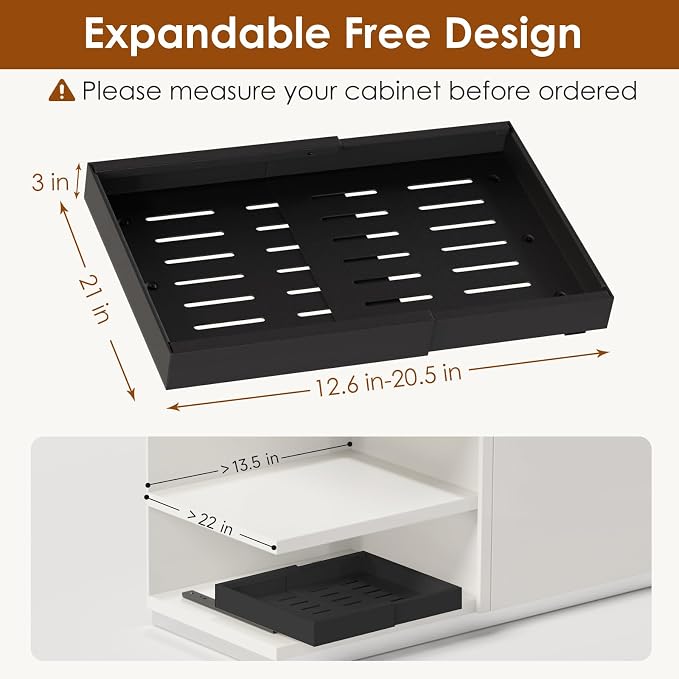 1 Pack Expandable Pull Out Cabinet Organizer 21" Deep, Adjustable Width 12.6"-20.5", No Drill Adhesive with Triple Track Rails, Heavy Duty Slide Out Drawers for Kitchen, Pantry, Cabinets,Black