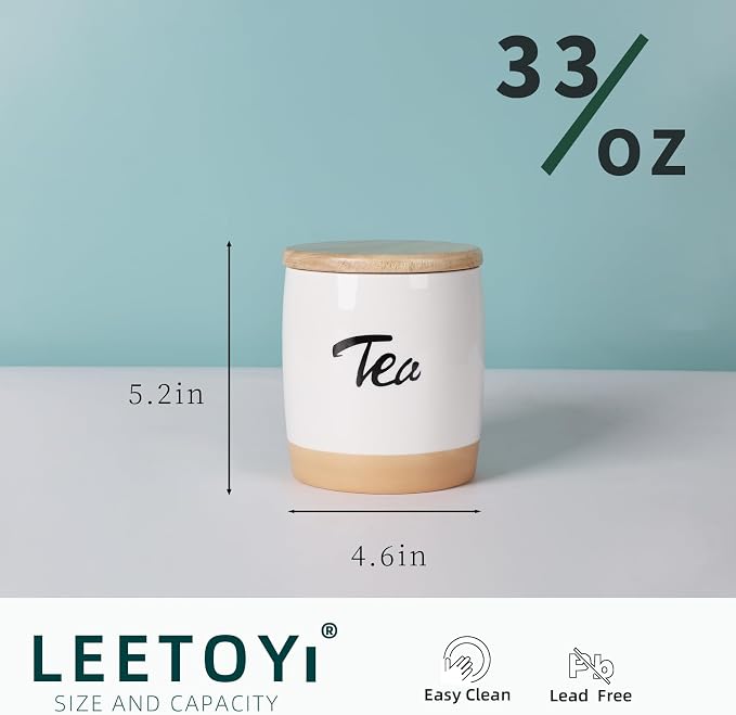 LEETOYI Ceramic Food Storage Containers with Lid,Modern Farmhouse Kitchen Decor, Countertop Food Storage Caddy Organizer, 33oz (Labeled Tea)