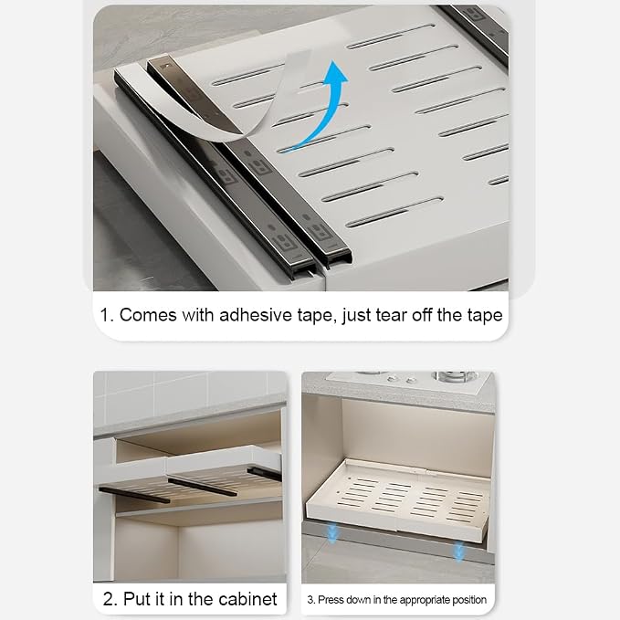 2 Pack No-Drill Pull Out Cabinet Organizer, Roll Out Sliding Storage Shelf, Slide-Out Base Cabinet Organizer for Kitchen Organization