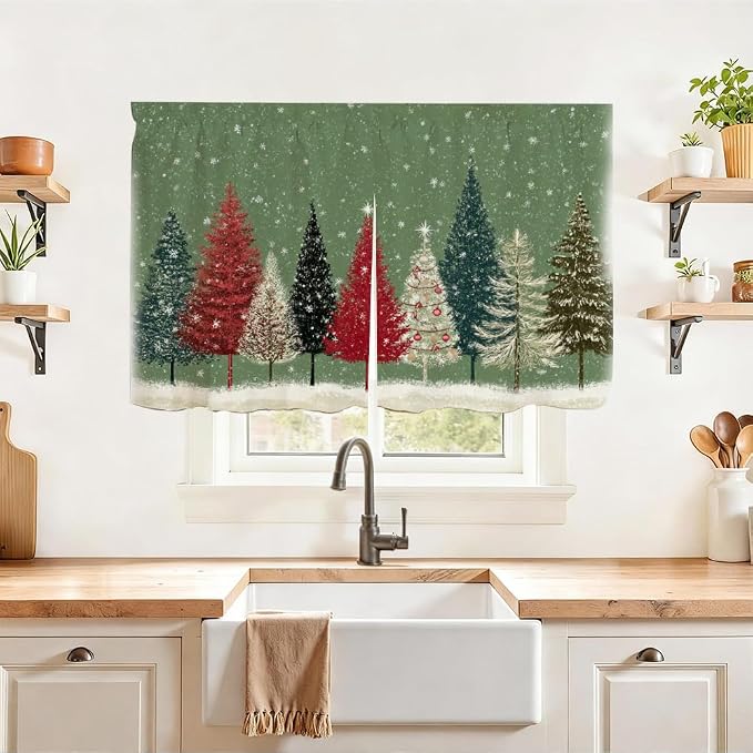 Winter Colorful Pine Trees Snowfall Scene Cabinet Curtain 39.37 x 27.56 Inch Polyester Decorative Cover for Kitchen Sink Cabinet Bathroom Vanity Laundry Area Table Window Door