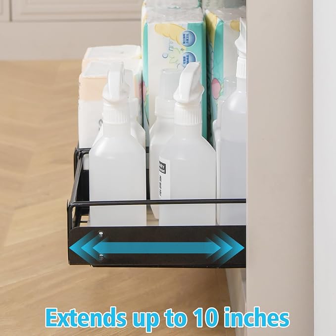Under Sink Pull Out Organizer, Single-Tier Metal Drawer Slide Out Storage Shelf, No-Drill Nano Adhesive Installation, Fits 16"+ Deep Cabinets for Kitchen Bathroom Pantry Storage