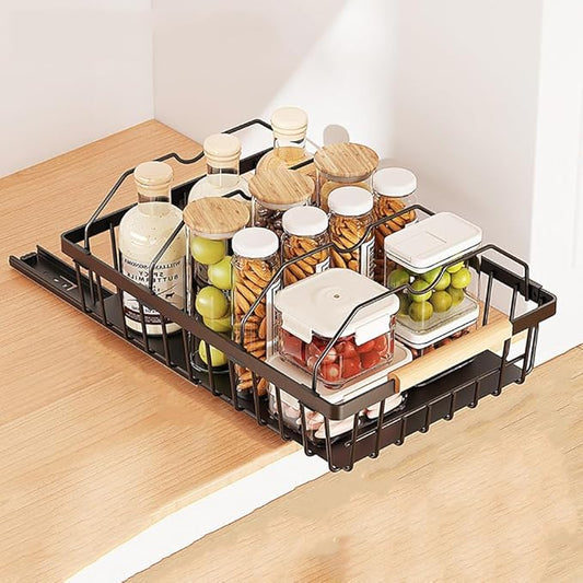 Takywep Pull Out Cabinet Organizer, No Drill Adhesive Pull Out Drawers, Pantry Organizers with 2 Iron Wires & Quiet Rails, Slide Out Cabinet Organizer for Bathroom, Kitchen, Pantry, Black