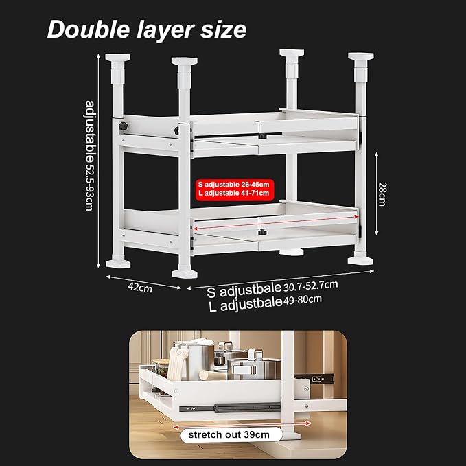 Pull Out Kitchen Cabinet s Sliding Drawers for Cupboard No Drill No Nail Slide Out Storage Solution Black Size S Maximize Kitchen Space Efficiently，Black Double Layer_41*42 * 52