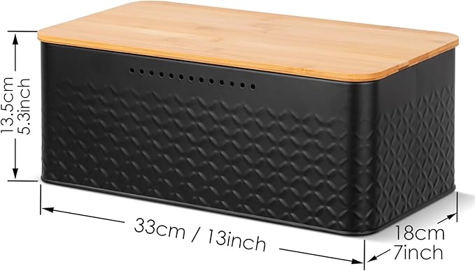Phyllia Bread Box, Metal Bread Storage Container with Bamboo Lid Usable as Cutting Board, Breadbox Holder for Kitchen Countertop, 13 x 7 x 5.3 inch (Black)