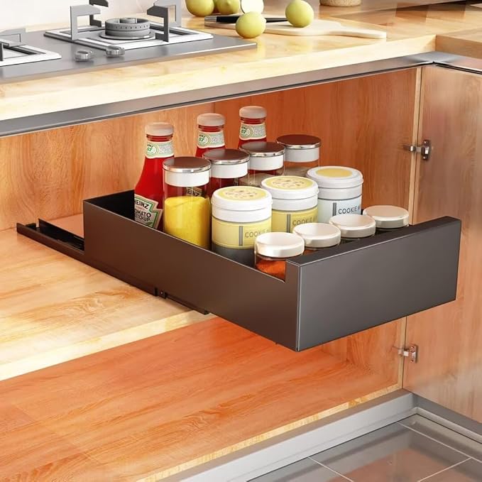 Drill Free Pull Out Cabinet Heavy Duty Sliding Drawer Shelf 25cm W x 43cm D x 9cm H Extendable Storage Solution with Adhesive Film White，Black 25cm