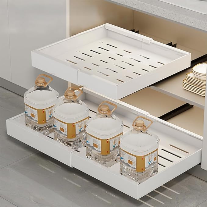 Gigicloud Pull Out Cabinet Organizer Expandable, Heavy Duty Slide Out Drawers for Kitchen Cabinets - Adhesive No Drill Roll Out Shelves Adjustable Width Roll Out Shelf - Fits 12.6"-26.7" Widths