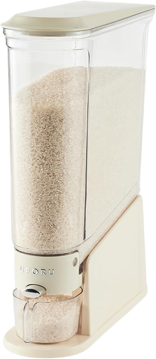 UFORU Rice Dispenser 22Lbs, Slim Rice Storage Container for Small Space, BPA-Free Clear Dry Food Dispenser Sealed Moisture Proof, Grain&Cereal Storage Bucket for Kitchen Pantry Household, Cream White