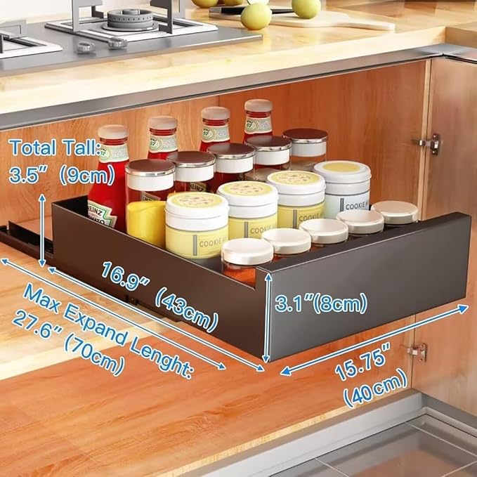 Pull Out Cabinet Slide Out Kitchen Storage Shelf No Drill Pullout Drawers Kitchen Cupboard Space Saving Pull Out Shelves for Home Living Room & Pantry，Black 40cm