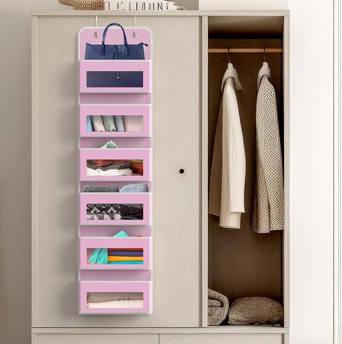Simple Houseware 6 Clear Window Pocket Over Closet Door Storage Hanging Organizer for Bedroom, Bathroom, Pantry, Pink
