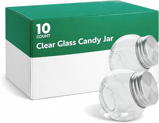 Restaurantware Vetri 2 Ounce Mini Favor Jars, 10 Durable Candy Jars - With Wide Spout, Chrome Lid, Clear Glass Candy Jars, Dishwashable