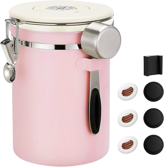 ShanSon Coffee Canister Airtight, Stainless Steel Bean Storage Container with Date Tracker & Scoop, Grounds Sugar Flour Tea Cereal Fits Kitchen Pantry, Ideal Gift for Coffee Lovers,22oz, Pink