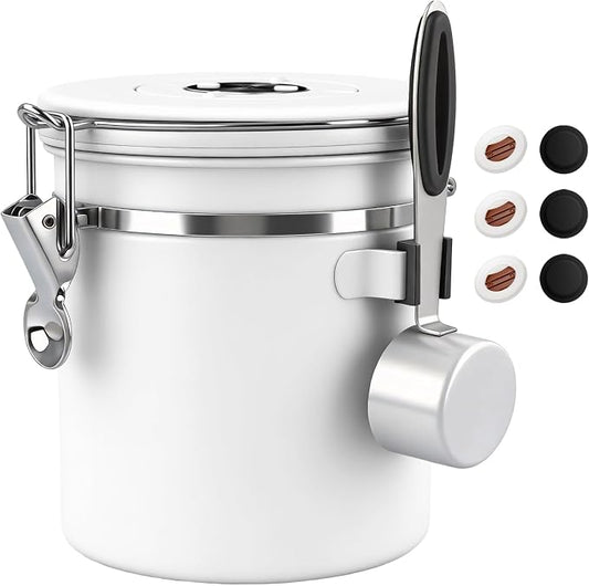 ShanSon Coffee Canister Airtight, Stainless Steel Bean Storage Container with Date Tracker & Scoop, Grounds Sugar Flour Tea Cereal Fits Kitchen Pantry, Ideal Gift for Coffee Lovers,16oz, White