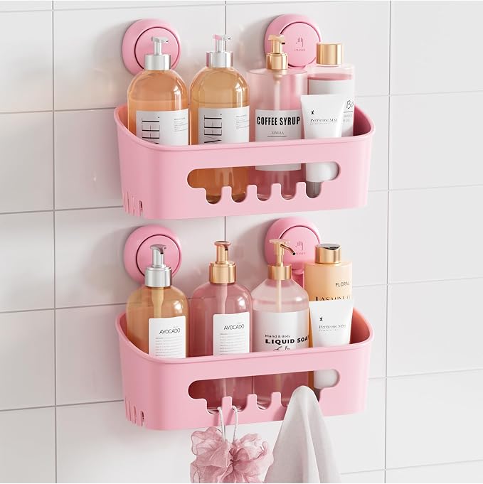 TAILI Shower Caddy Suction Cup 2 Pack, Heavy Duty Bathroom Organizer, Removable Shelves for Inside Shower, Shampoo, Waterproof Suction Plastic Storage for Bathroom Accessories Holder, Pink