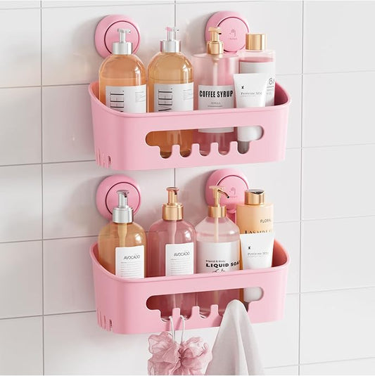 TAILI Shower Caddy Suction Cup 2 Pack, Heavy Duty Bathroom Organizer, Removable Shelves for Inside Shower, Shampoo, Waterproof Suction Plastic Storage for Bathroom Accessories Holder, Pink