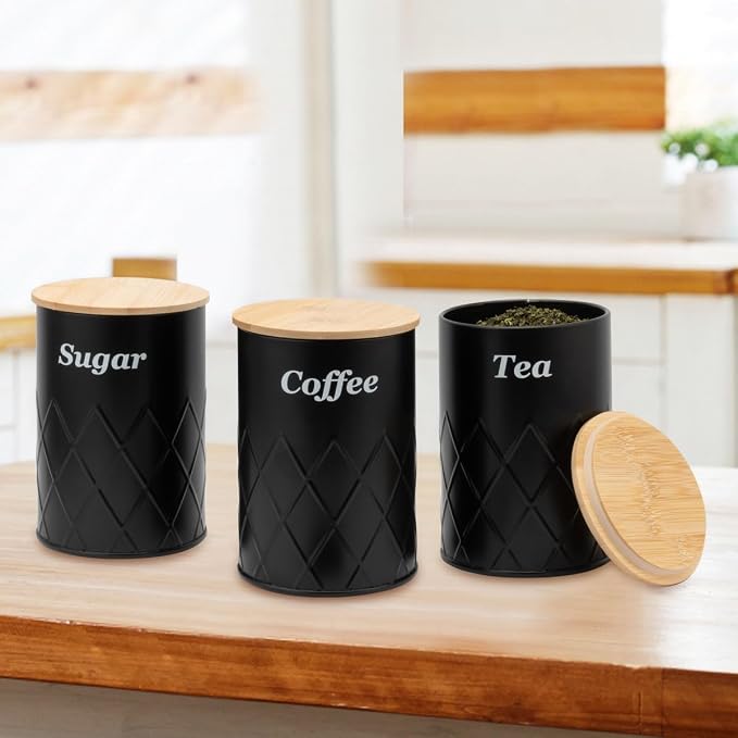 Black Bread Box for Kitchen Countertop, Coffee Tea Sugar Container with Bamboo Lid(1 Bread Bin & 3 Canisters)