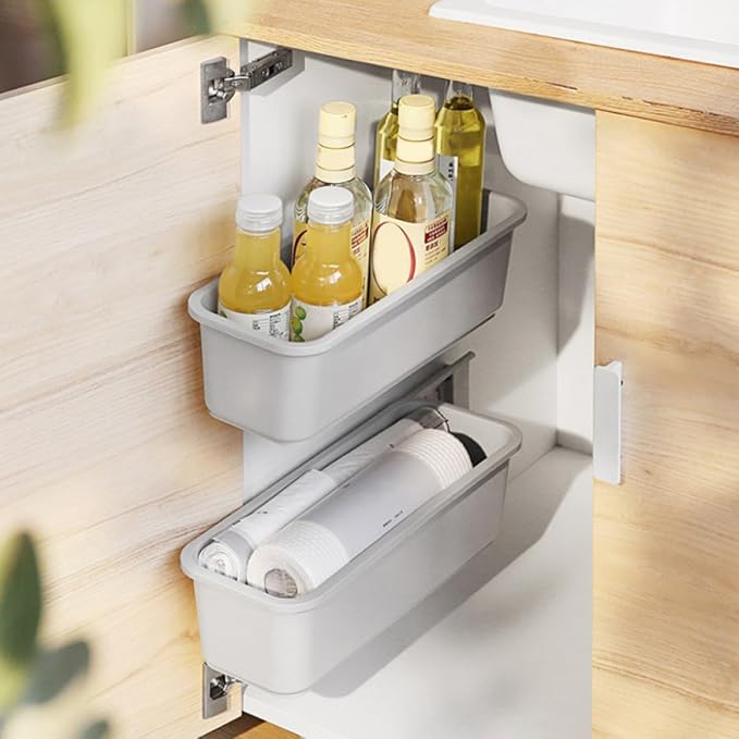 Pull-out Adhesive Wall Mount Storage Box Gray, Kitchen and Bathroom Cabinet Organizer Rack with No-drill Installation, Space-saving Cosmetic and Household Storage Holder
