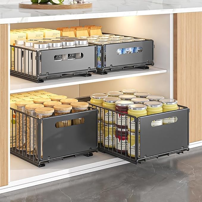 Pull Out Cabinet Organizer 2 Pack, Slide Out Drawers for Kitchen & Bathroom Cabinets, No Drilling,Peel and Stick, Heavy Duty Storage Shelves, Black (9.65" w x 14.76 d x 7.48" h)