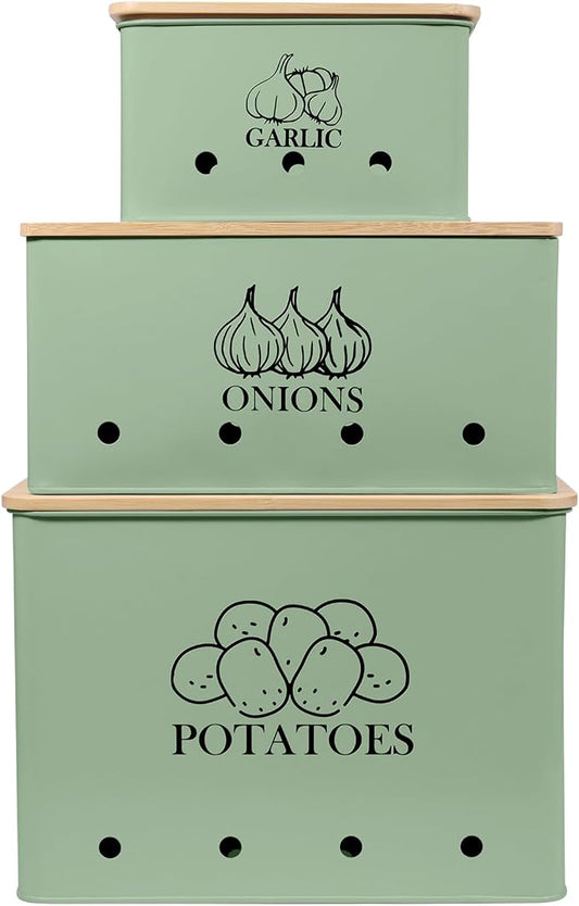 Kitchen Vegetable Storage Tins Set of 3 for Potato Onion & Garlic with Wooden Lid and Aerating Holes, Kitchen Storage Canisters Set, Vintage Kitchen Decor - Green