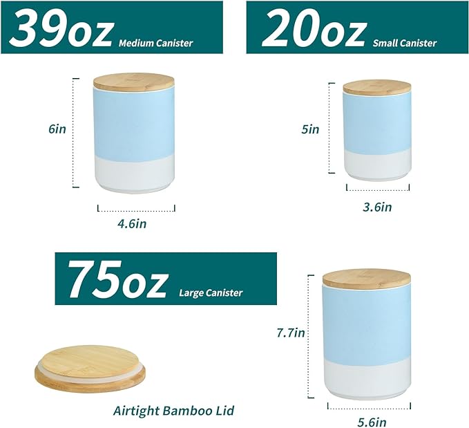 Food Storage Jars with Airtight Wood Lids，3-Pack Ceramic Canister Set for Flour Cereal Sugar Tea Coffee Beans Snacks– Modern Container Kitchen Pantry Storage Jar(Blue)