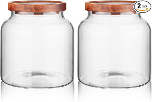 Labina Glass Storage Container Airtight Food Jars Kitchen Canister with Wood Lids, 54 Oz (1600ml) Wide Mouth Pantry Organization Glass Jar for Flour, Sugar, Cookie, Spagetti, Nuts and Candy (2 Pack)