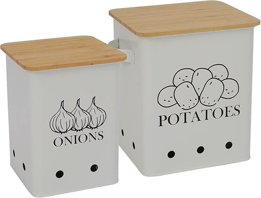 Kitchen Vegetable Storage Tins Set of 2, Onion and Potato Storage Bins with Wooden Lid and Aerating Holes, Garlic Bin Caddy, Vintage Kitchen Decor, White